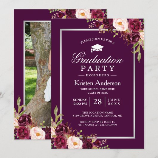 Plum Paars Red Floral Foto Gradual Party Kaart (Voorkant / Achterkant)