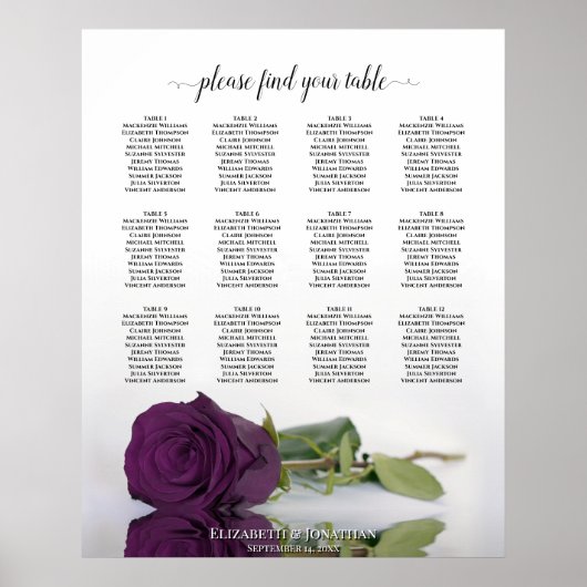 Plum Paars Roos 12 Table Wedding Seating Chart Poster (Voorkant)