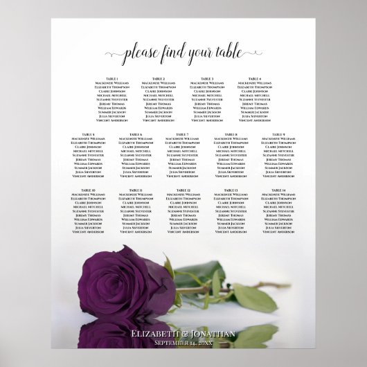 Plum Paars Roos 14 Table Wedding Seating Chart Poster (Voorkant)