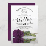 Plum Paars Roos Elegant Romantic Wedding Kaart<br><div class="desc">Deze mooie trouwuitnodiging bevat een foto van een lang gestampt paars roos dat aan de zijkant staat en dat in een zwembad met rimpels en golven reflecteert. De typografie kenmerkt een elegante manuscriptkalligrafie en de formulering maakt formeel deze uitnodiging zowel modern als klassiek. De achterkant is een mooie gevlekte pruimen...</div>