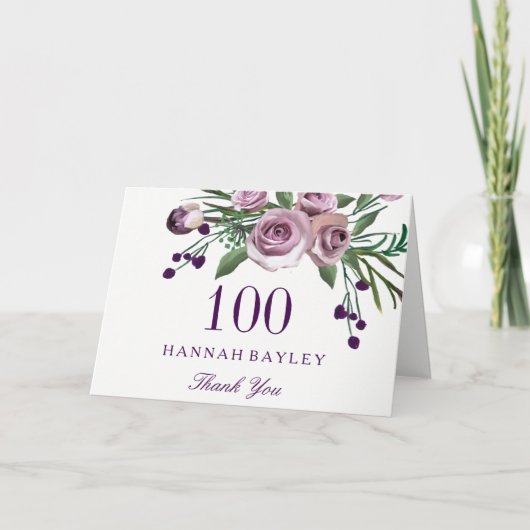 Plum Paars Roos Floral 100th Birthday Hartelijk da Bedankkaart (Voorkant)