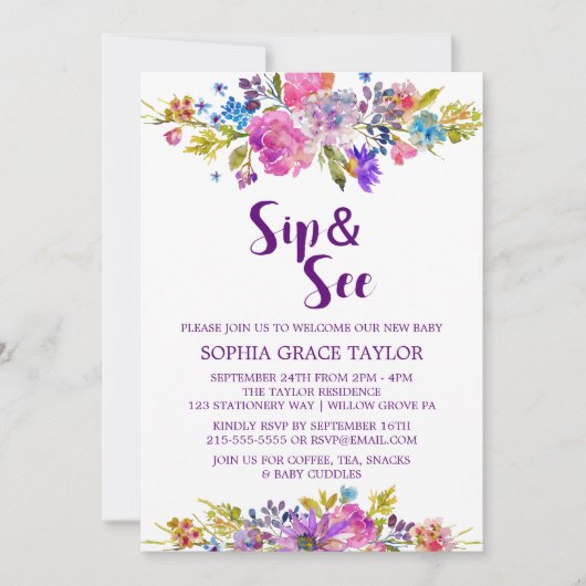 Plum Paars roze & Blue Flowers Sip en See Kaart (Voorkant)