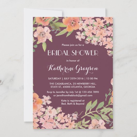 Plum Paars Rustic Flower Bridal Shower Invitation Kaart (Voorkant)