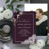 Plum Paars Rustic Script Lace Photo Wedding Kaart