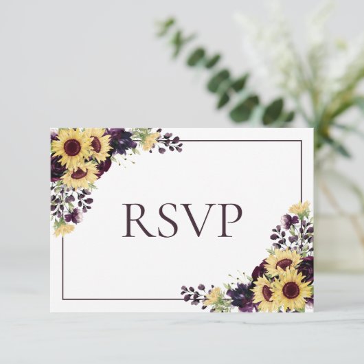 Plum Paars Sunflower No Food Wedding RSVP (Staand voorkant)