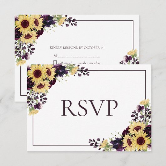 Plum Paars Sunflower No Food Wedding RSVP (Voorkant / Achterkant)