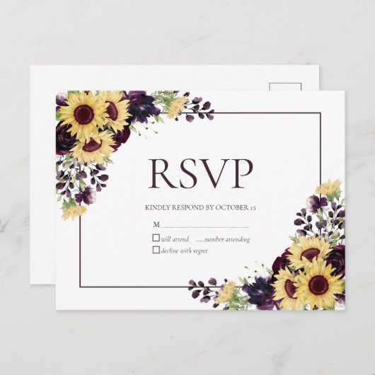 Plum Paars Sunflower Waterverf No Menu RSVP (Voorkant / Achterkant)