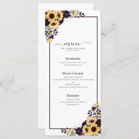 Plum Paars Sunflower Waterverf Wedding Menu (Voorkant / Achterkant)