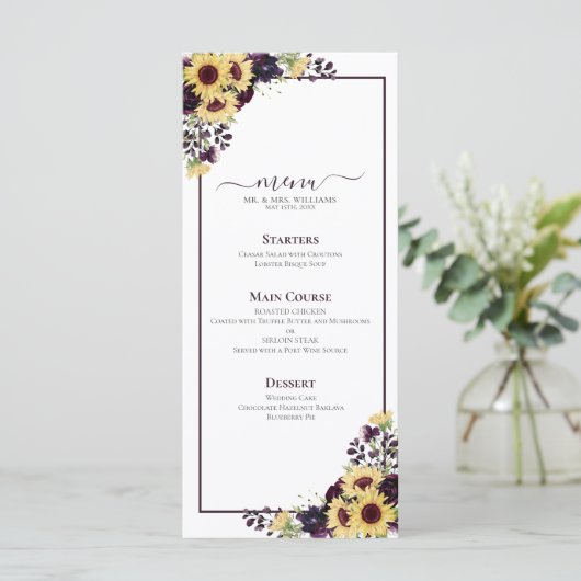 Plum Paars Sunflower Waterverf Wedding Menu (Staand voorkant)