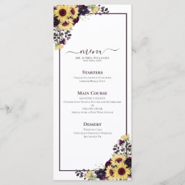 Plum Paars Sunflower Waterverf Wedding Menu