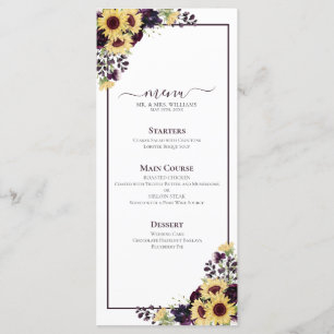 Plum Paars Sunflower Waterverf Wedding Menu