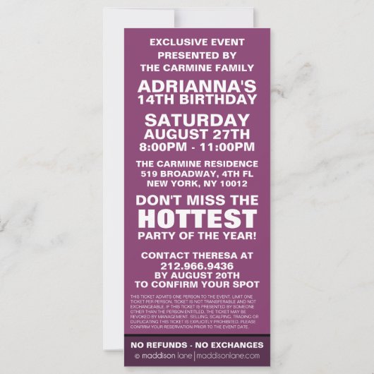 Plum Paars VIP Photo Ticket Birthday Party Kaart (Achterkant)