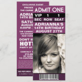 Plum Paars VIP Photo Ticket Birthday Party Kaart (Voorkant / Achterkant)
