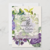 Plum Paars Waterverf Floral Green Leaf Sweet 16 Kaart (Voorkant)