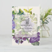 Plum Paars Waterverf Floral Green Leaf Sweet 16 Kaart (Staand voorkant)
