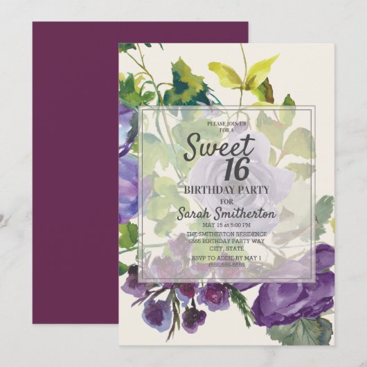 Plum Paars Waterverf Floral Green Leaf Sweet 16 Kaart (Voorkant / Achterkant)