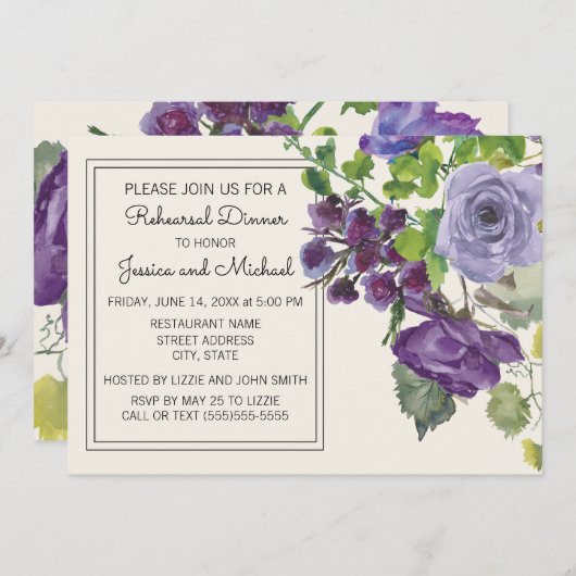 Plum Paars Waterverf Floral Ivory Rehearal Kaart (Voorkant / Achterkant)
