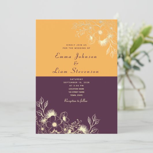 Plum Paars Wedding Invitation Kaart (Staand voorkant)