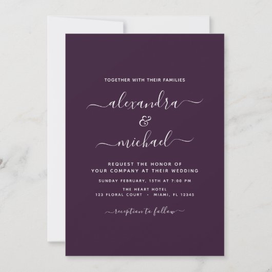 Plum Paars Wedding Modern Typography Invitation Kaart (Voorkant)