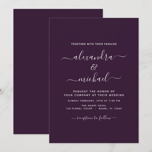 Plum Paars Wedding Modern Typography Invitation Kaart (Voorkant / Achterkant)