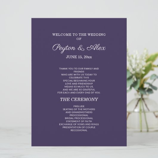Plum Paars Wedding Programme Double Sided Programmakaart (Staand voorkant)