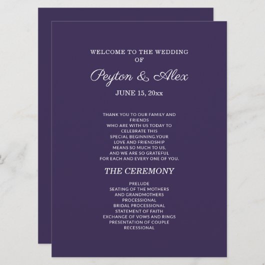 Plum Paars Wedding Programme Double Sided Programmakaart (Voorkant / Achterkant)