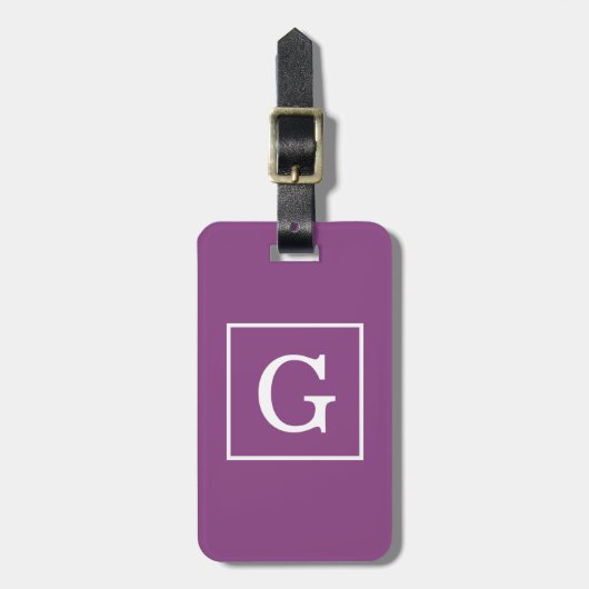 Plum Paars White Framed Initiaal Monogram Bagagelabel (Voorkant verticaal)
