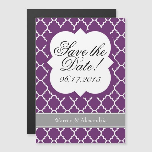 Plum Paars White Quatrefoil Save the Date Magnet Magnetische Uitnodiging (Voorkant / Achterkant)