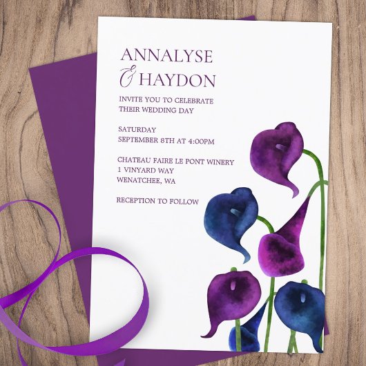 Plum Paarse & Blauwe Calla Lelies Trouwen Kaart