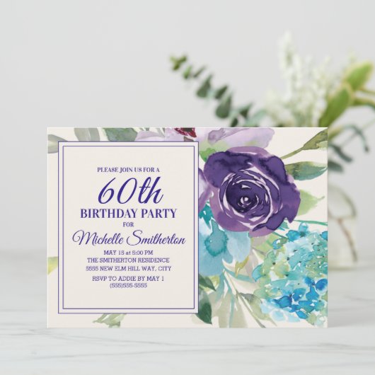 Plum Paarse Blauwe Waterverf Bloemen 60ste Verjaar Kaart (Staand voorkant)