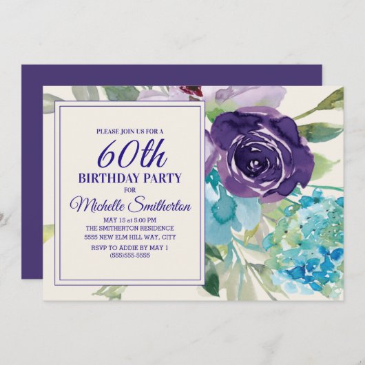 Plum Paarse Blauwe Waterverf Bloemen 60ste Verjaar Kaart (Voorkant / Achterkant)