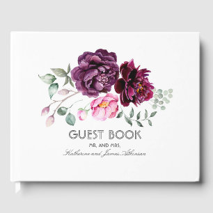 Plum Paarse Bloemen Boeket Waterverf Bruiloft Gastenboek