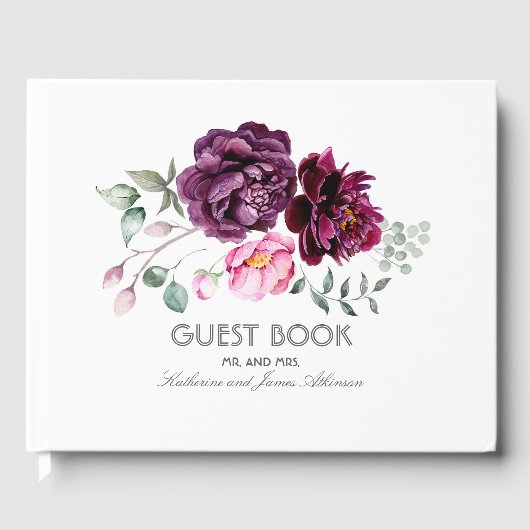 Plum Paarse Bloemen Boeket Waterverf Bruiloft Gastenboek (Voorkant)