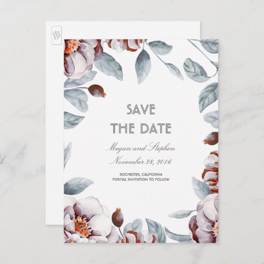 Plum Paarse Bloemen Waterverven Boho Bewaar de dat Aankondigingskaart (Voorkant / Achterkant)