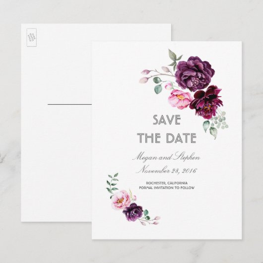 Plum Paarse Bloemen Waterverven Save the Date Aankondigingskaart (Voorkant / Achterkant)