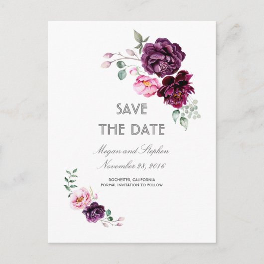 Plum Paarse Bloemen Waterverven Save the Date Aankondigingskaart (Voorkant)