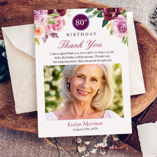 Plum Paarse Blush Floral Verjaardag Foto Bedankkaart