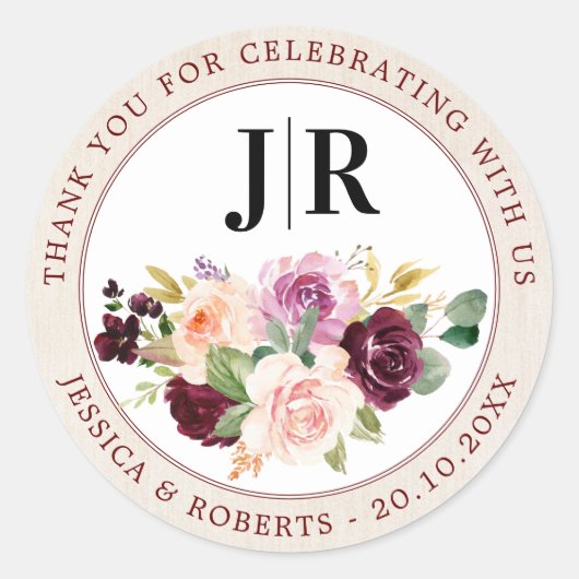 Plum Paarse Blush Roze Bloemen Dank u Ronde Sticker (Voorkant)