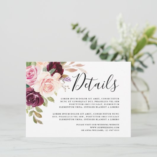 Plum Paarse Blush Roze Botanische Bloemen Details Informatiekaartje (Staand voorkant)