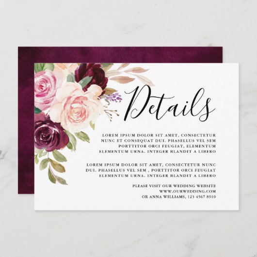 Plum Paarse Blush Roze Botanische Bloemen Details Informatiekaartje (Voorkant / Achterkant)