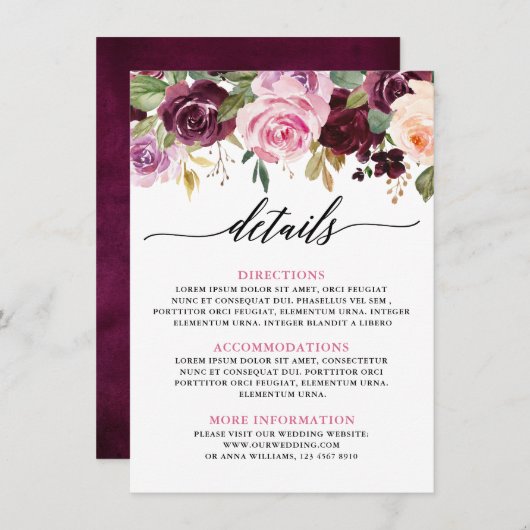 Plum Paarse Blush Roze Botanische Bloemen Details Informatiekaartje (Voorkant / Achterkant)