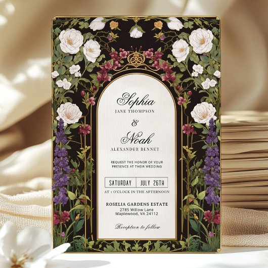 Plum Paarse Bourgogne Floral Gothic Wedding Kaart
