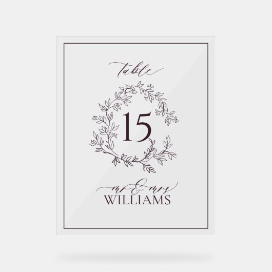 Plum Paarse Crest Monogram Trouwtafel Nummer Acryl Bord (Voorkant)