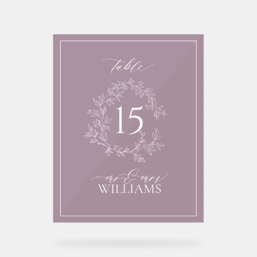 Plum Paarse Crest Monogram Trouwtafel Nummer Acryl Bord (Voorkant)