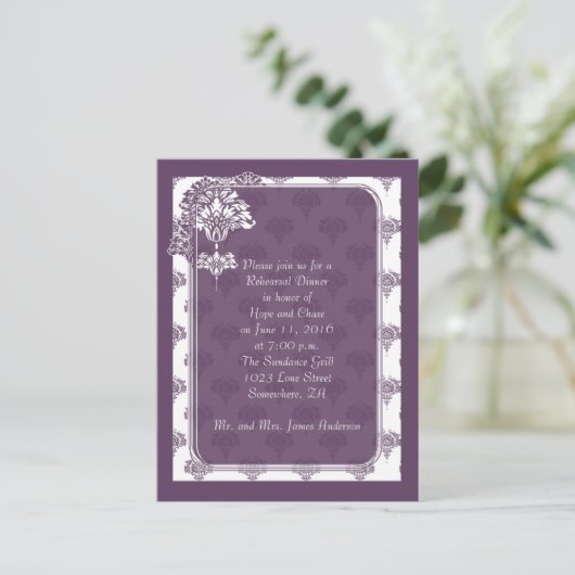 Plum Paarse Damask repetitie-uitnodigingen Uitnodiging Briefkaart (Staand voorkant)