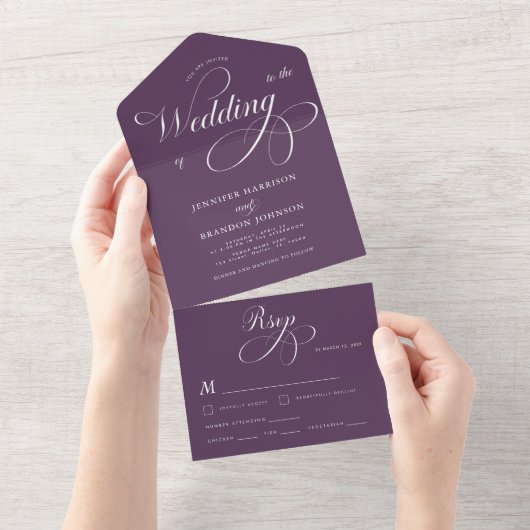 Plum Paarse Elegant Calligraphy Classic Wedding All In One Uitnodiging (Afscheurbaar)