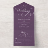 Plum Paarse Elegant Calligraphy Classic Wedding All In One Uitnodiging (Binnen)