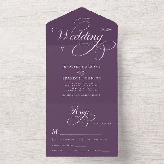 Plum Paarse Elegant Calligraphy Classic Wedding All In One Uitnodiging (Binnen)