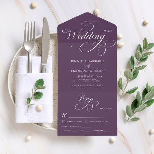 Plum Paarse Elegant Calligraphy Classic Wedding All In One Uitnodiging