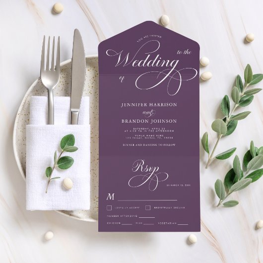 Plum Paarse Elegant Calligraphy Classic Wedding All In One Uitnodiging